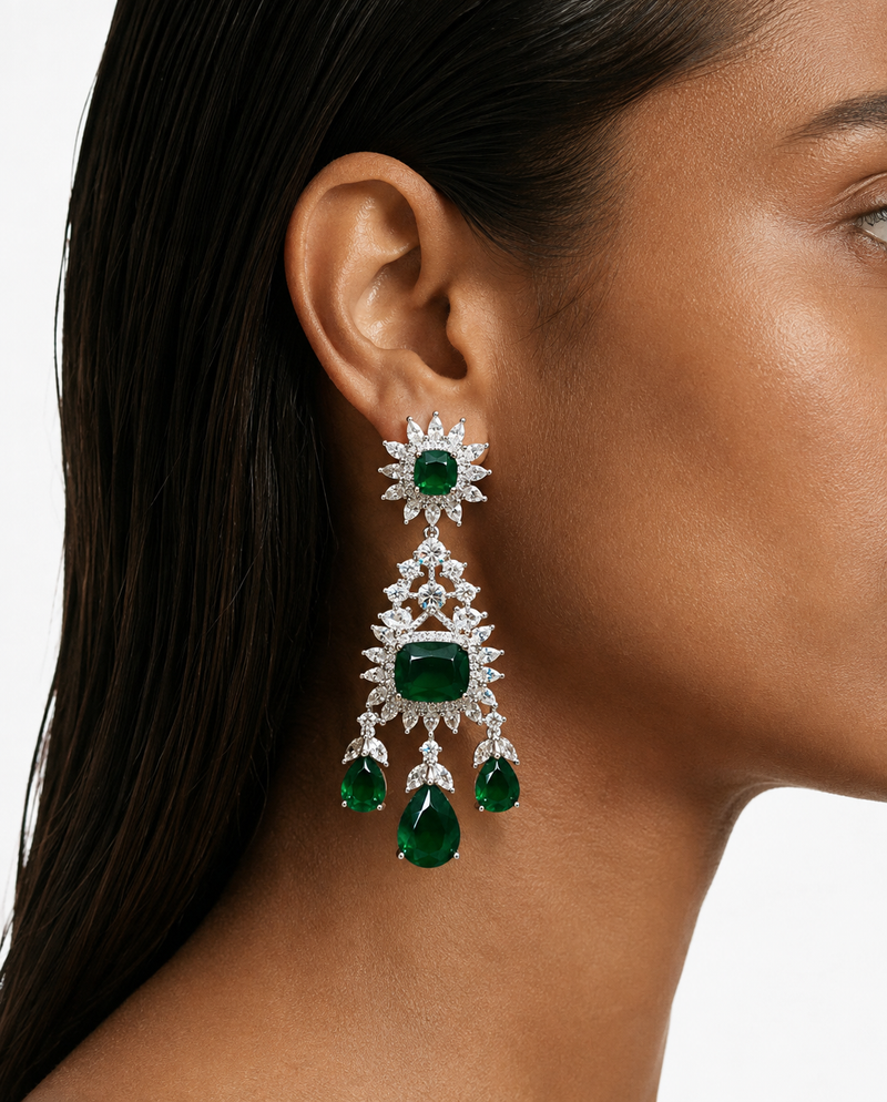 Aabira Emerald Diamond-Like Zircon Double Layer Statement Necklace Set – Necklace & Earrings