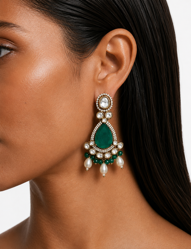 Suhira Emerald Moissanite Polki Kundan with Zircon Diamond Detailing 3 Layer Necklace Set  – Necklace, Earrings & Maang Tikka
