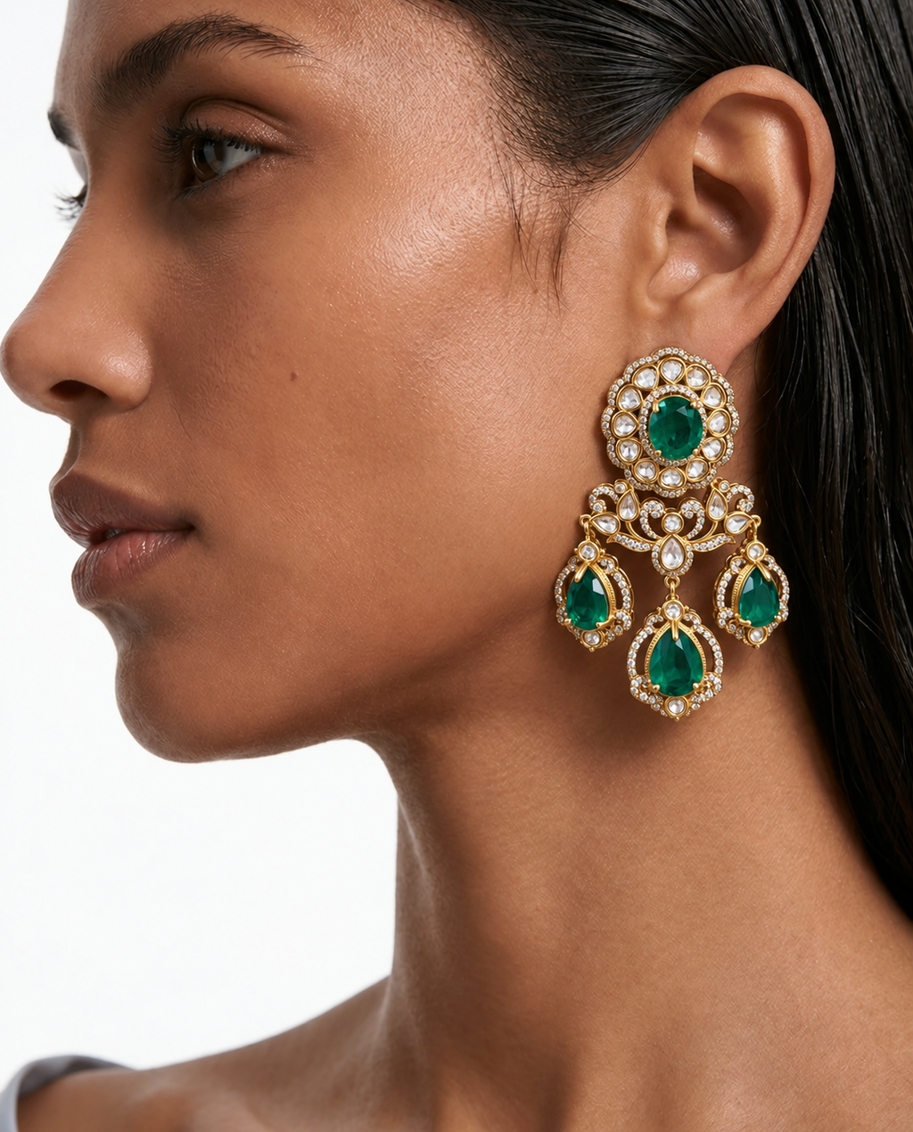 Navya Emerald Multicolour Moissanite Polki Kundan Necklace Set – Necklace & Earrings & Maang Tikka