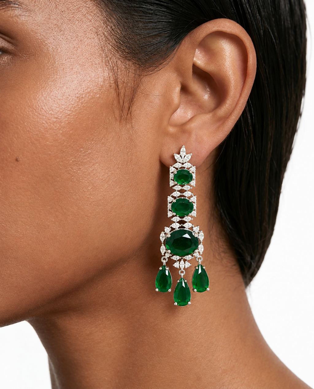 Zaya Diamond-Like Zircon Ovals with Emerald & Diamond Pear Drops Choker Necklace Set – Necklace & Earrings
