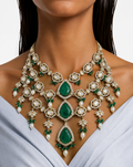 Suhira Emerald Moissanite Polki Kundan with Zircon Diamond Detailing 3 Layer Necklace Set  – Necklace, Earrings & Maang Tikka