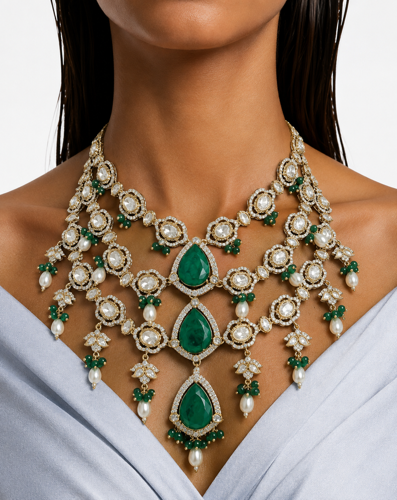 Suhira Emerald Moissanite Polki Kundan with Zircon Diamond Detailing 3 Layer Necklace Set  – Necklace, Earrings & Maang Tikka