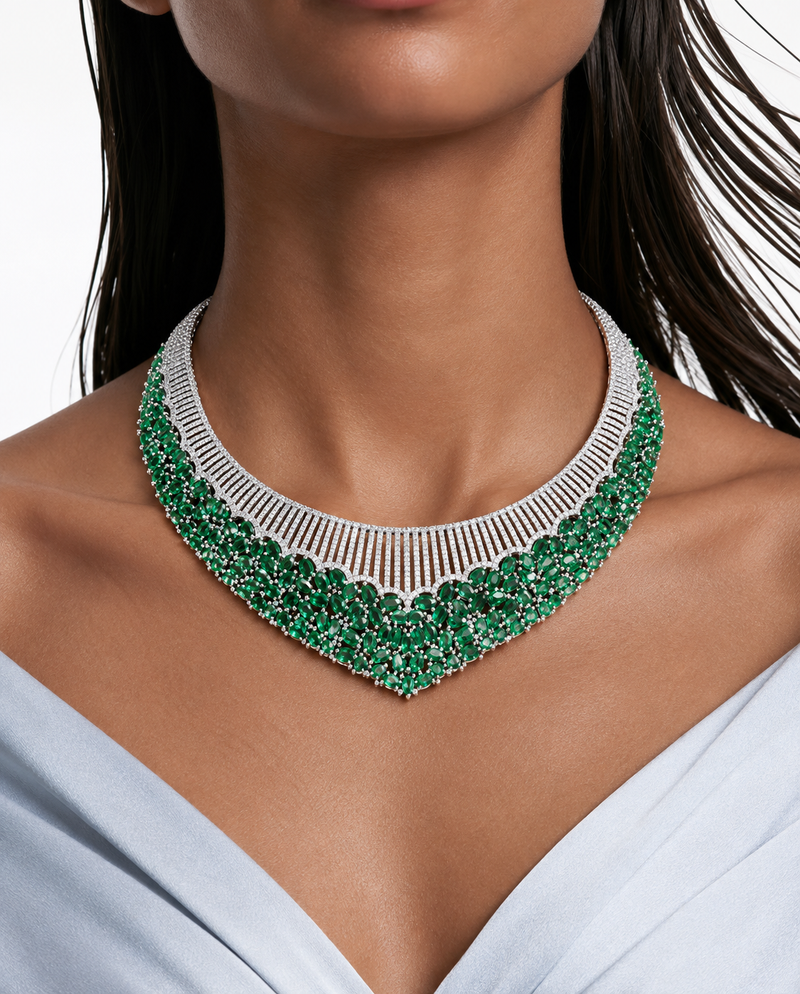 Evia Emerald Diamond-Like Zircon Leaf Necklace Set – Necklace & Earrings