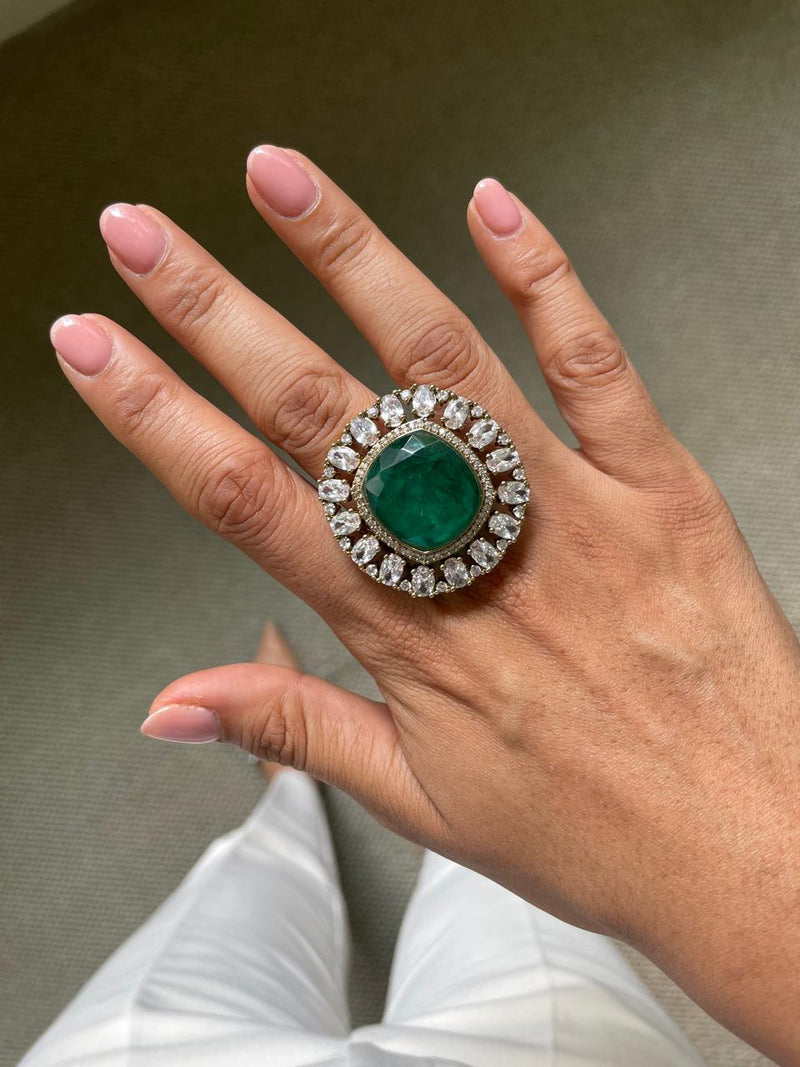 Emerald Diamond Statement Cocktail Ring by Prerto — Indian & Arab wedding jewellery