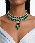 Zaya Diamond-Like Zircon Ovals with Emerald & Diamond Pear Drops Choker Necklace Set – Necklace & Earrings