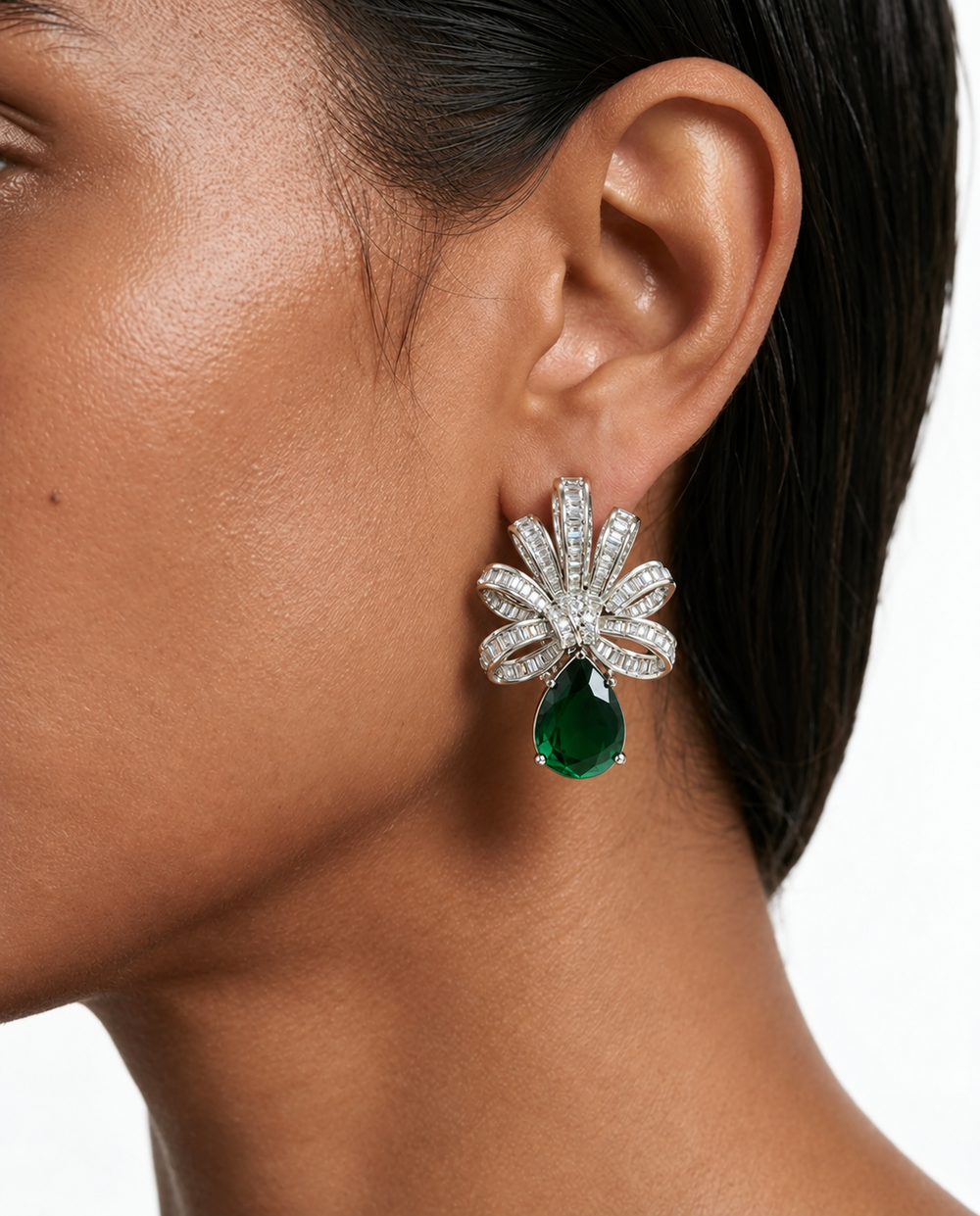 Blythe Emerald Bow Rectangular Drop Diamond-Like Zircon Necklace Set – Necklace & Earrings
