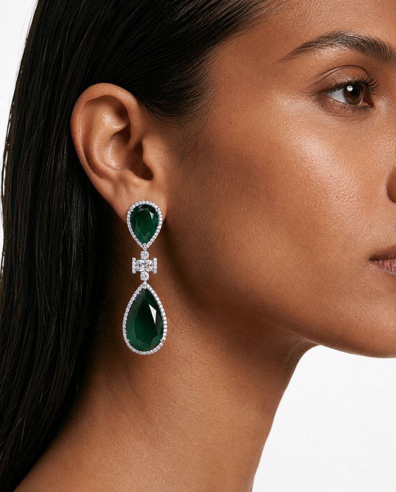 Maysa Emerald Teardrop Diamond-Like Zircon Statement Necklace Set – Necklace & Earrings