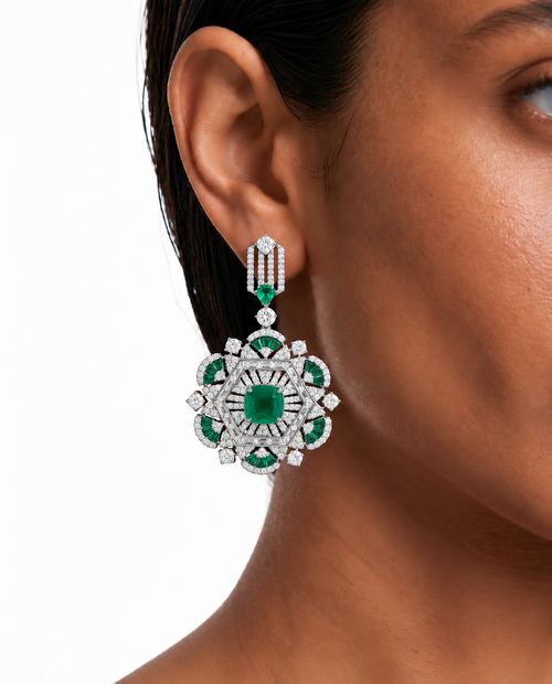 Naya Emerald Floral Medallion Diamond-Like Zircon Long Necklace Set – Necklace & Earrings