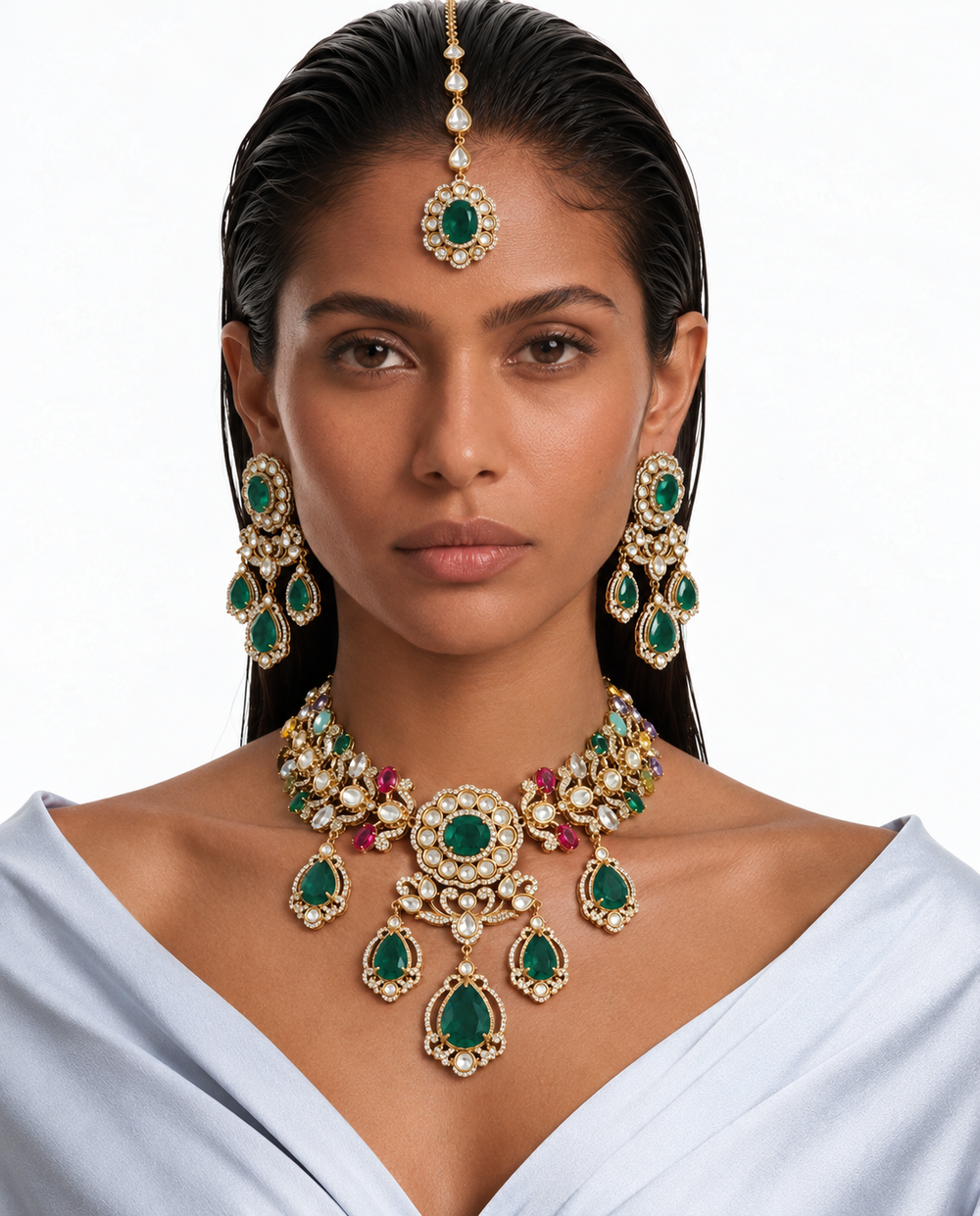 Navya Emerald Multicolour Moissanite Polki Kundan Necklace Set – Necklace & Earrings & Maang Tikka