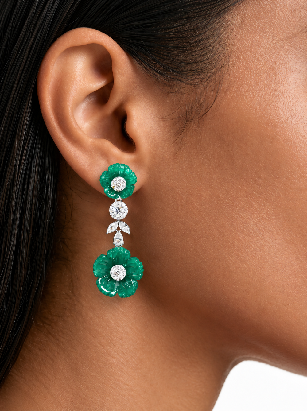 Feya Emerald Floral Diamond Necklace Set- Necklace & Earrings