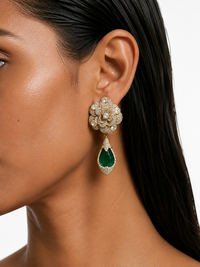 Arisha Ruby, Kundan & Emerald Floral Drop Necklace Set – Necklace & Earrings