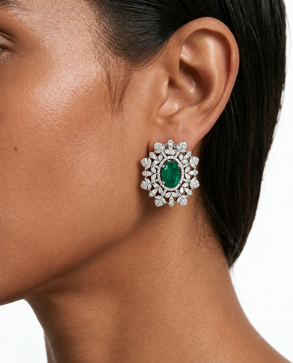 Ensemble collier ras du cou en perles florales et zircon ovales émeraude Marquise – Collier et boucles d'oreilles