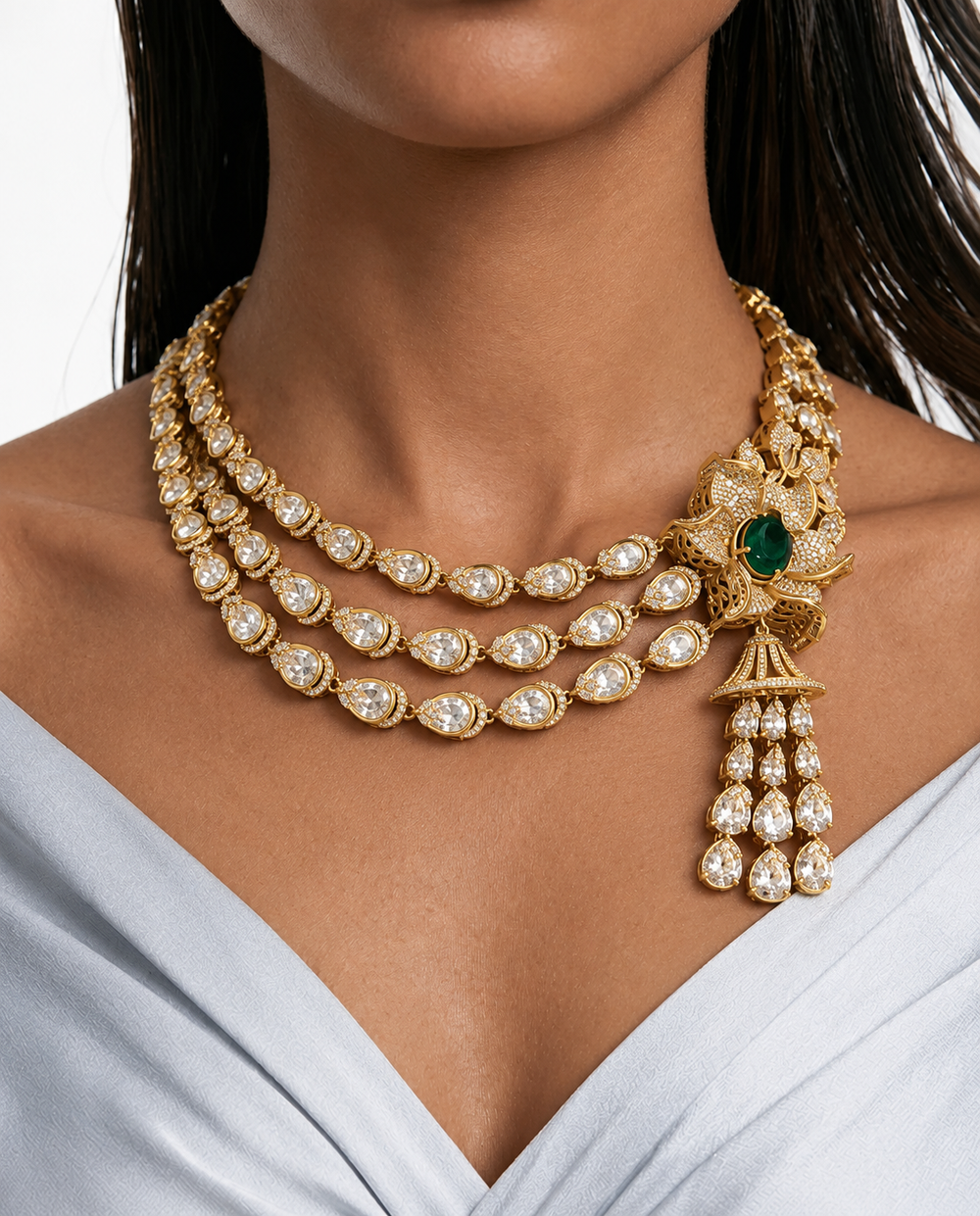 Miette Emerald Three Layer Moissanite Polki Kundan Floral Tassel Necklace Set – Necklace & Earrings