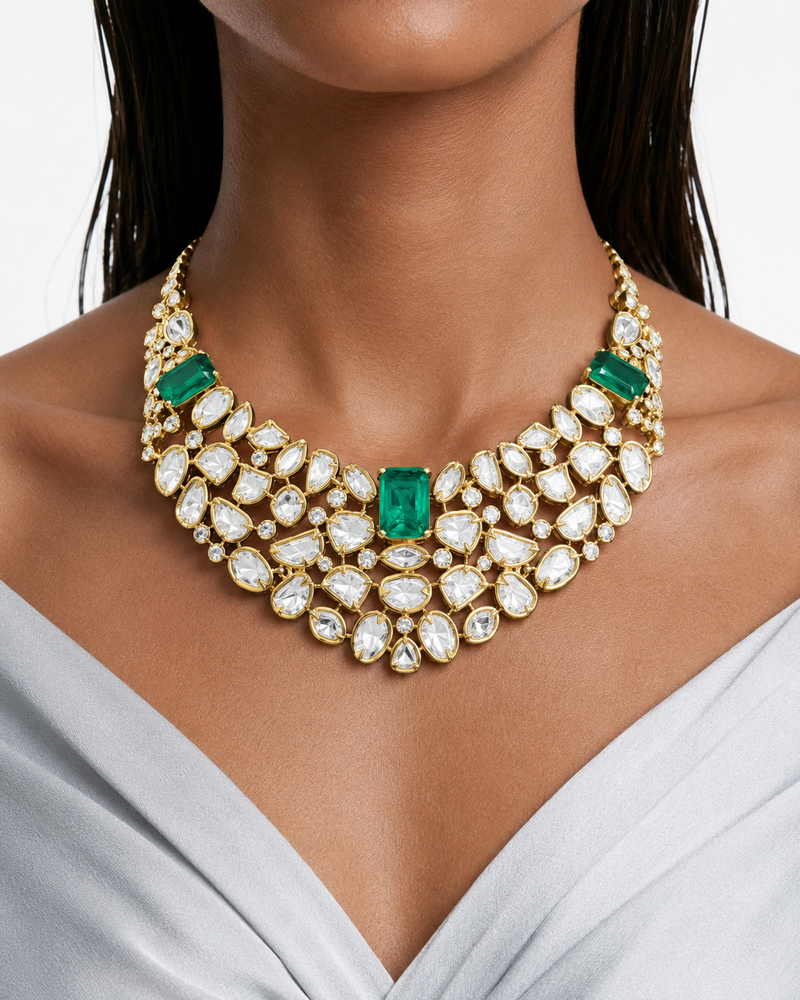 Aira Emerald with Moissanite Polki Kundan & Zircon Diamond Detailing Necklace Set - ( Necklace & Earrings)