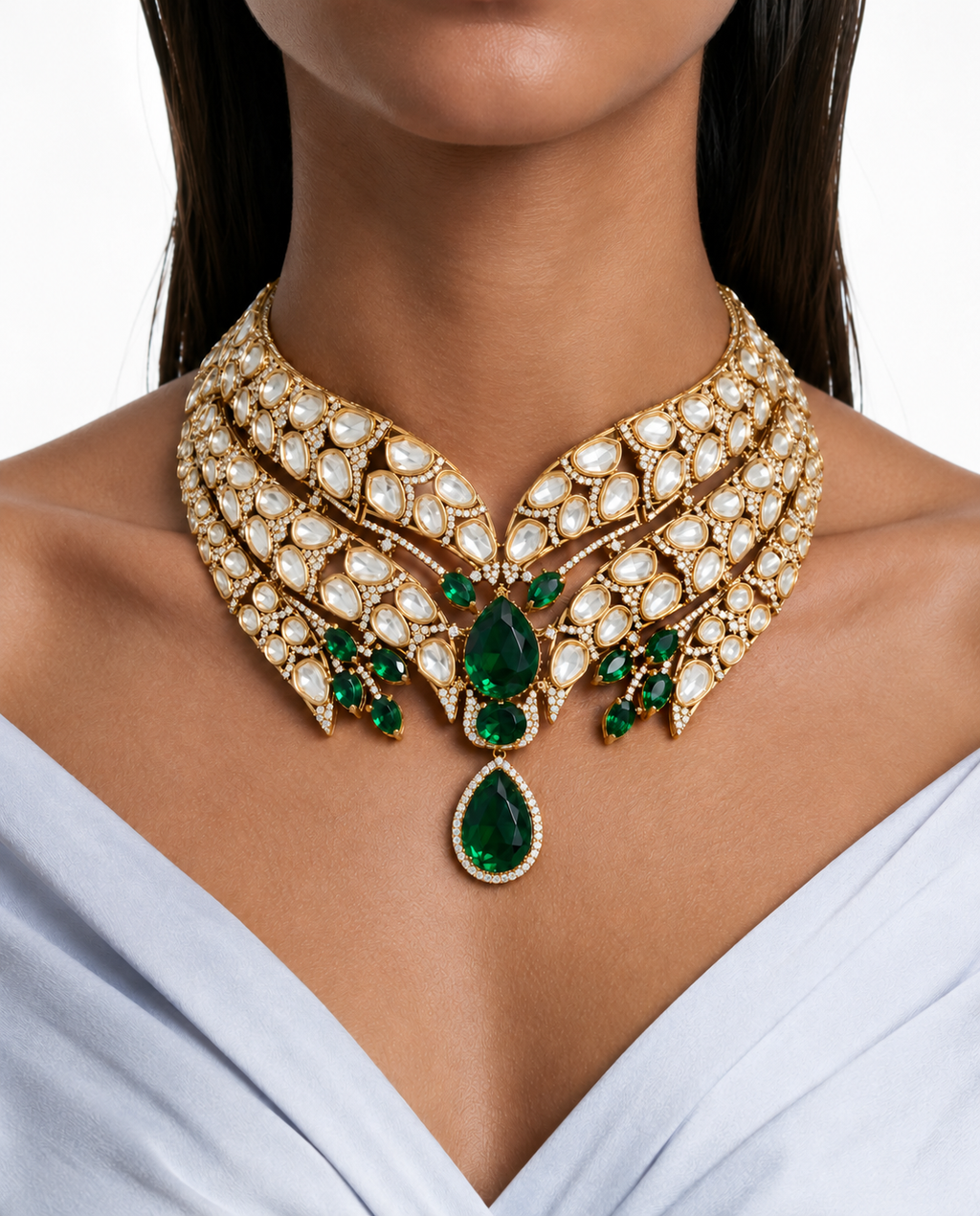 Zehmina Emerald Kundan Polki dubbellaagse chokerkettingset – ketting, oorbellen en Maang Tikka