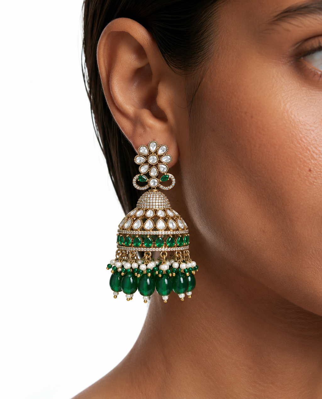Rajika Emerald Moissanite Polki Kundan Floral Layered Bridal Necklace Set - Collier, boucles d'oreilles et Maang Tikka
