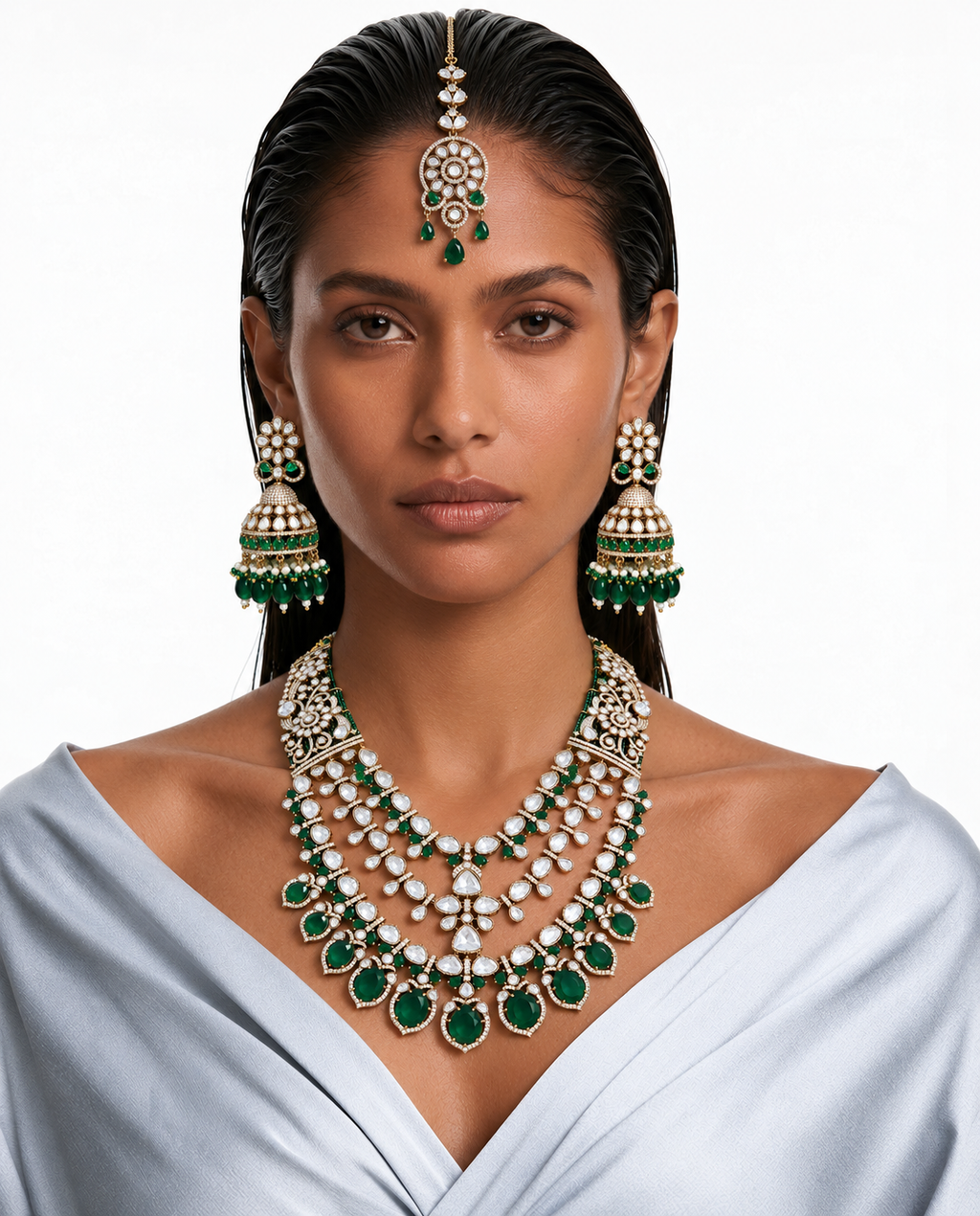 Rajika Emerald Moissanite Polki Kundan Floral Layered Bridal Necklace Set - Collier, boucles d'oreilles et Maang Tikka