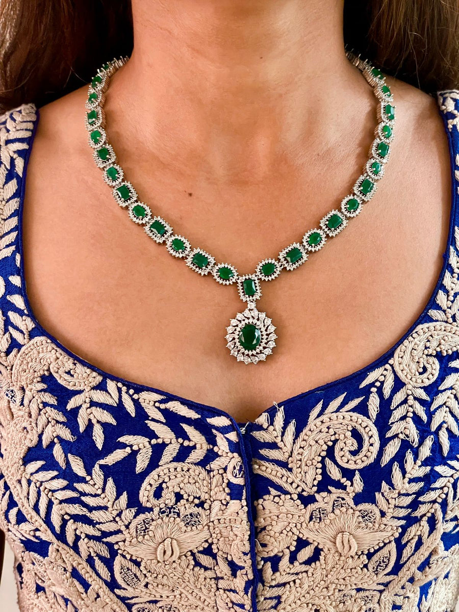 Emerald Green Diamond Setting Long Necklace Set (Earrings & Necklace)