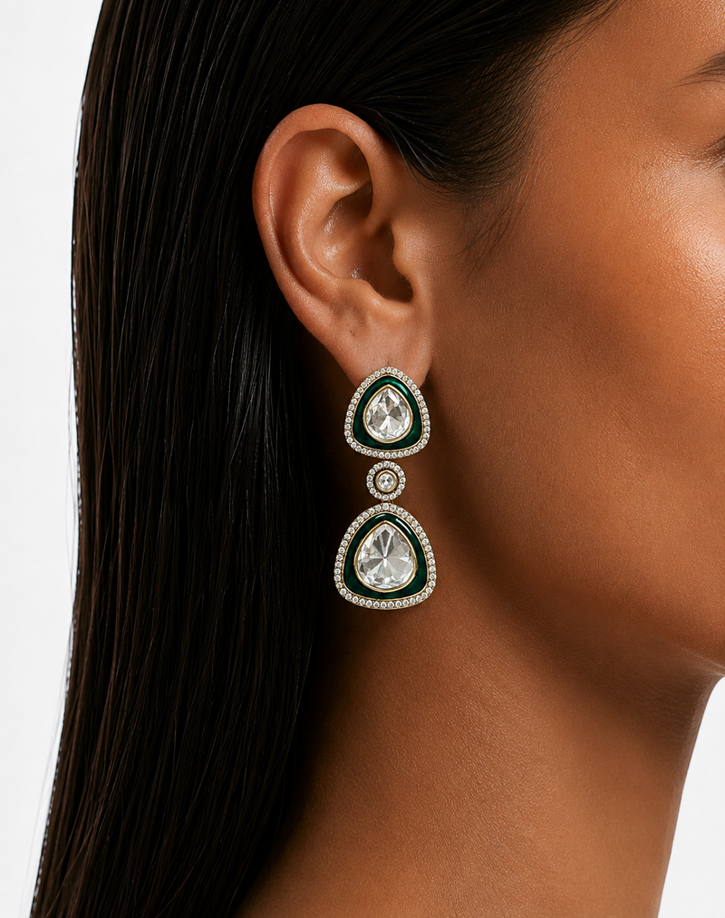 Ruhi Emerald & Diamond Pearls & Moissanite Polki Kundan with Zircon Diamond Detailing Necklace Set – Necklace & Earrings