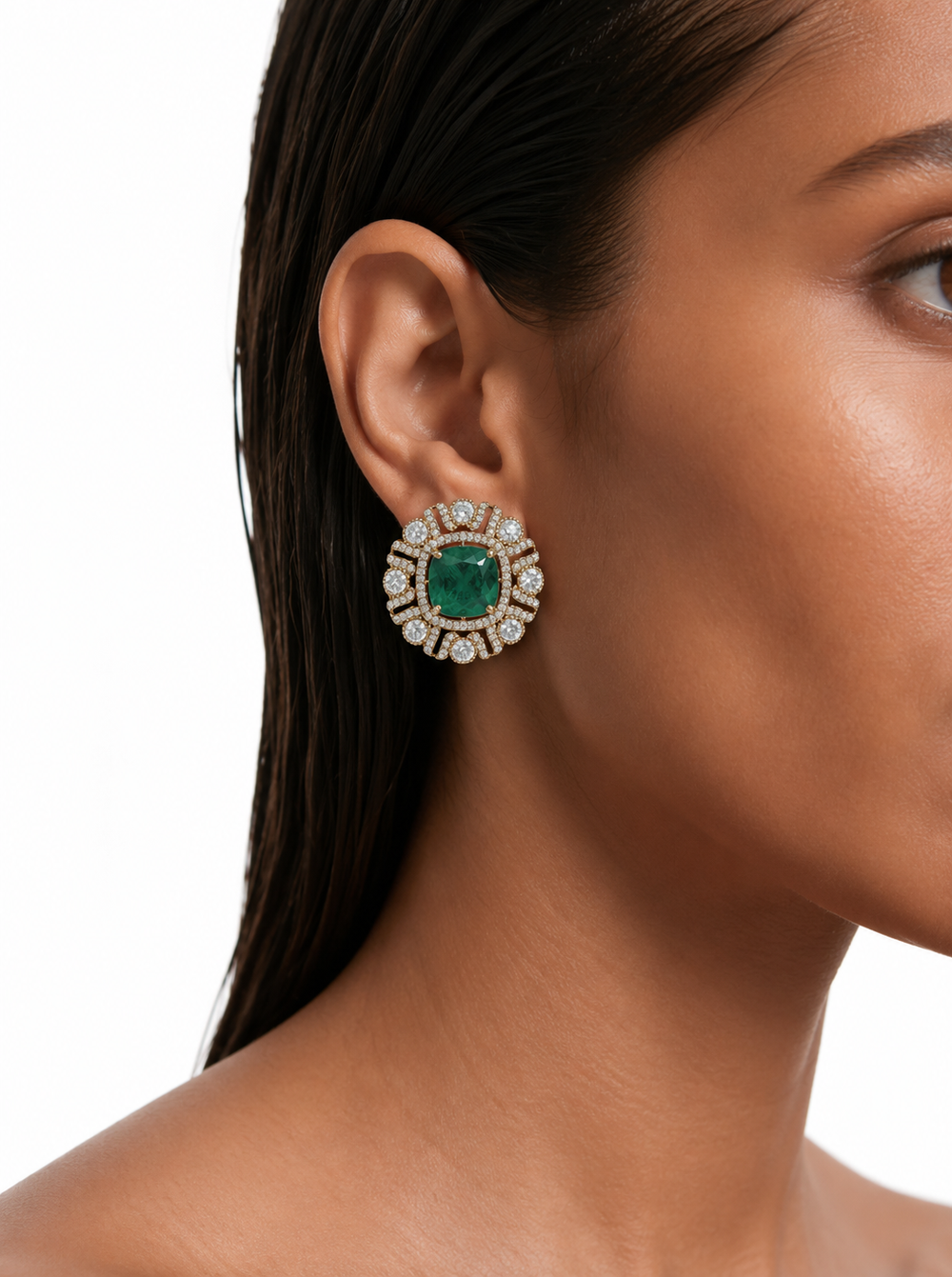 Saya Emerald & Pearl Moissanite Polki Kundan con juego de gargantilla con detalles de diamantes de circón - Collar y aretes