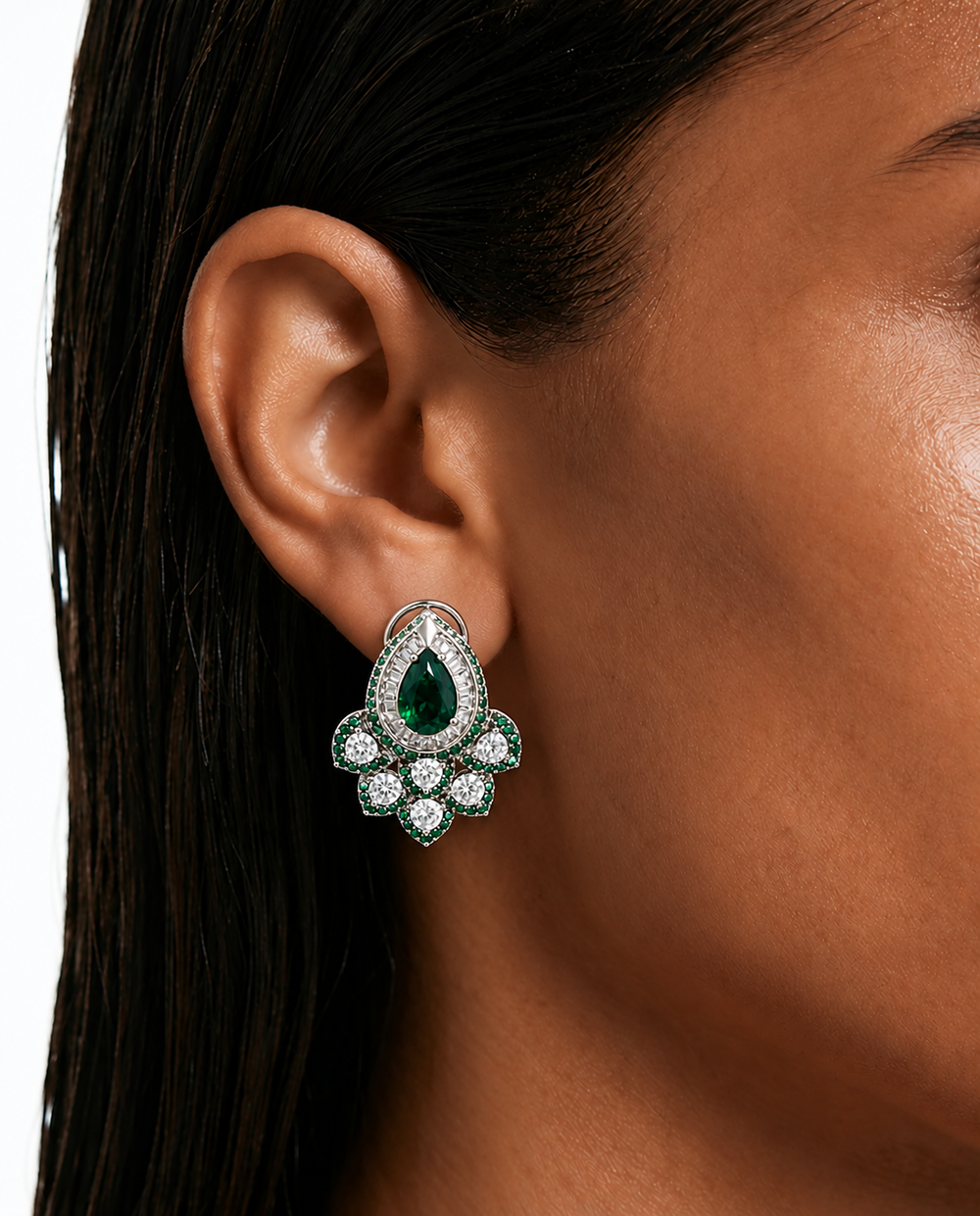 Amira Emerald Pear Drop Diamond-Like Zircon Floral Necklace Set – Necklace & Earrings