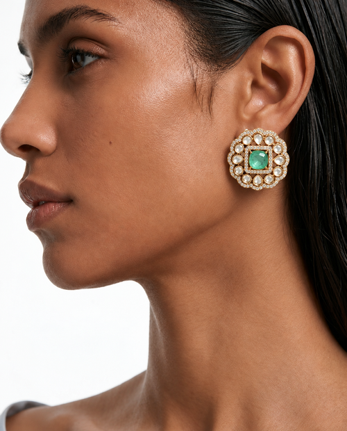 Nazneen Mint Pearl Square Moissanite Polki Kundan kettingset – ketting en oorbellen
