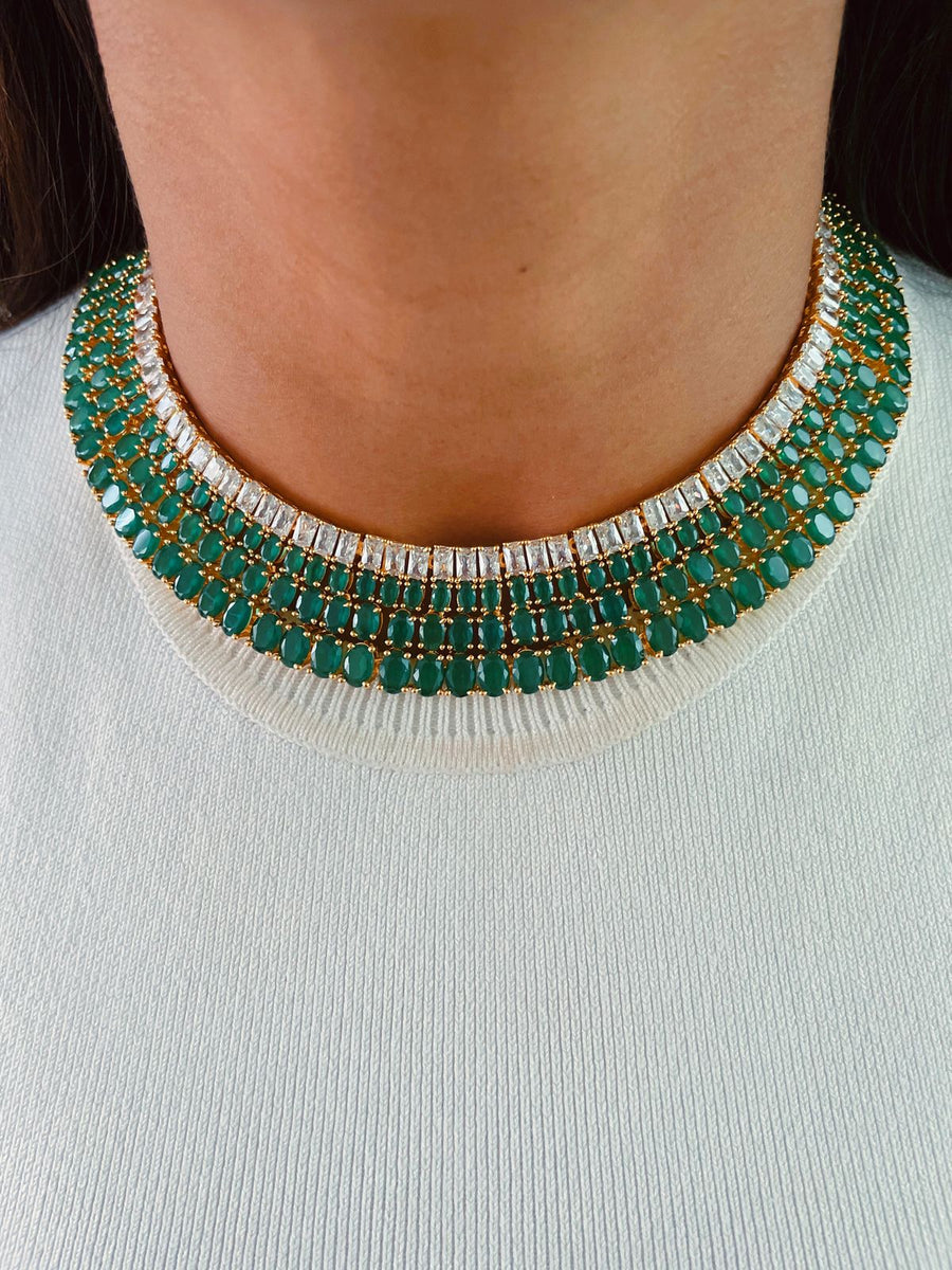 Emerald Kate Diamond Golden Finish Necklace Set (Necklace & Earrings)