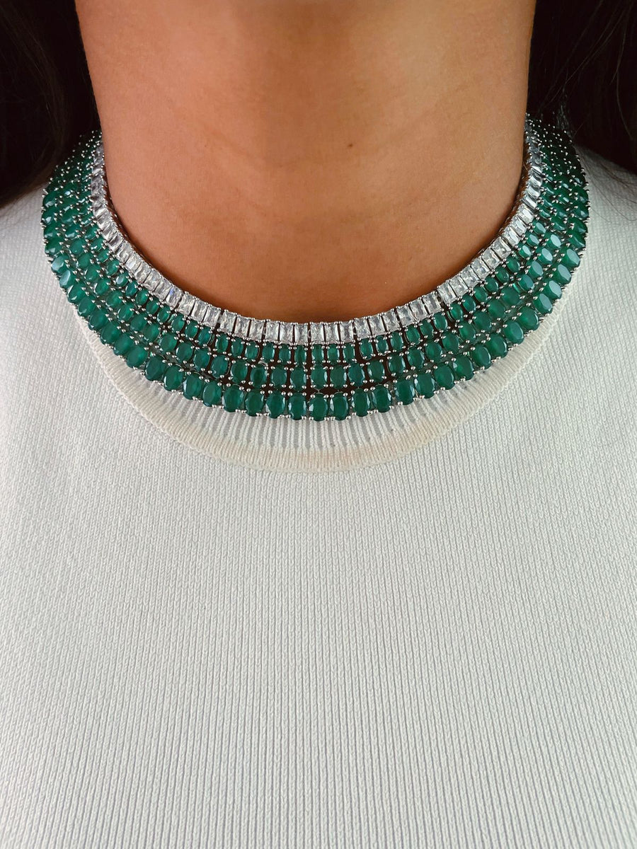 Emerald Kate Diamond Silver Finish Necklace Set