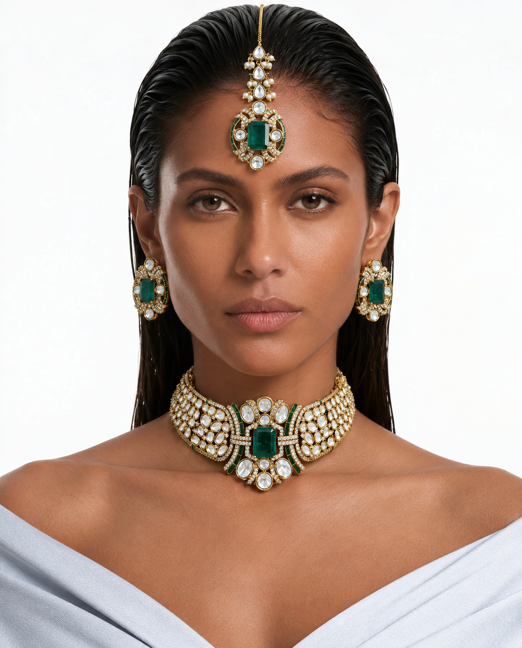 Nargis Emerald Moissanite Polki Kundan statement kettingset - ketting, oorbellen en Maang Tikka