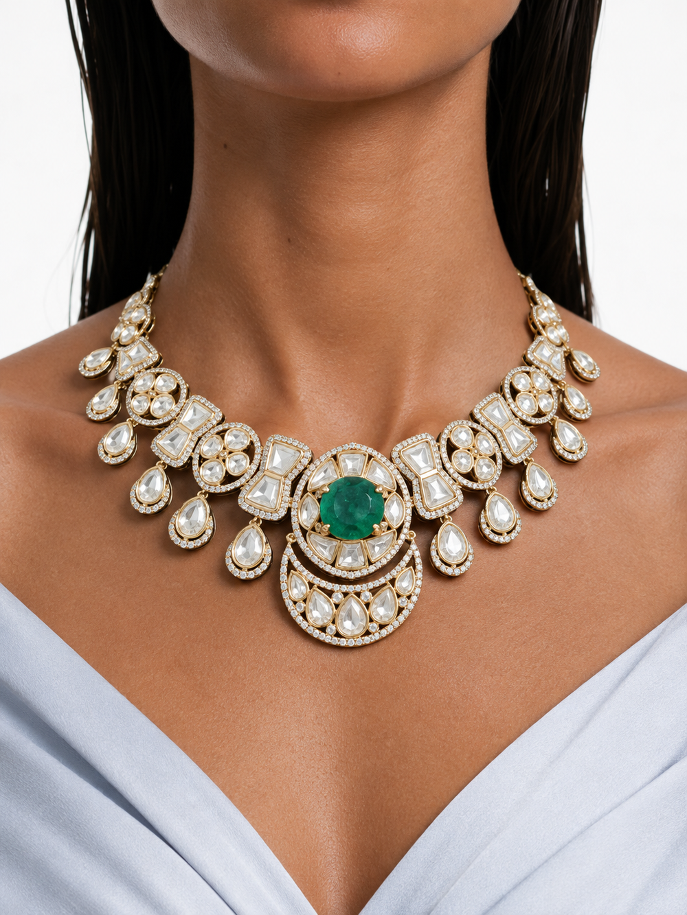Riizaa Emerald with Zircon Diamond Detailing Necklace Set – Necklace, Earrings & Maang Tikka