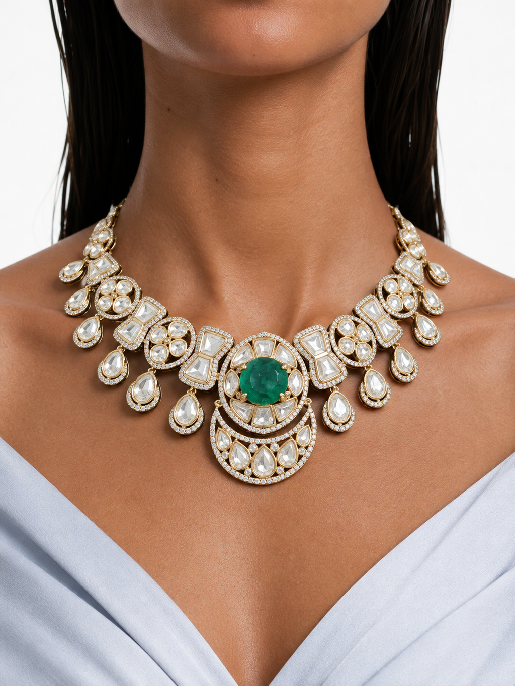 Riizaa Emerald with Zircon Diamond Detailing Necklace Set – Necklace, Earrings & Maang Tikka