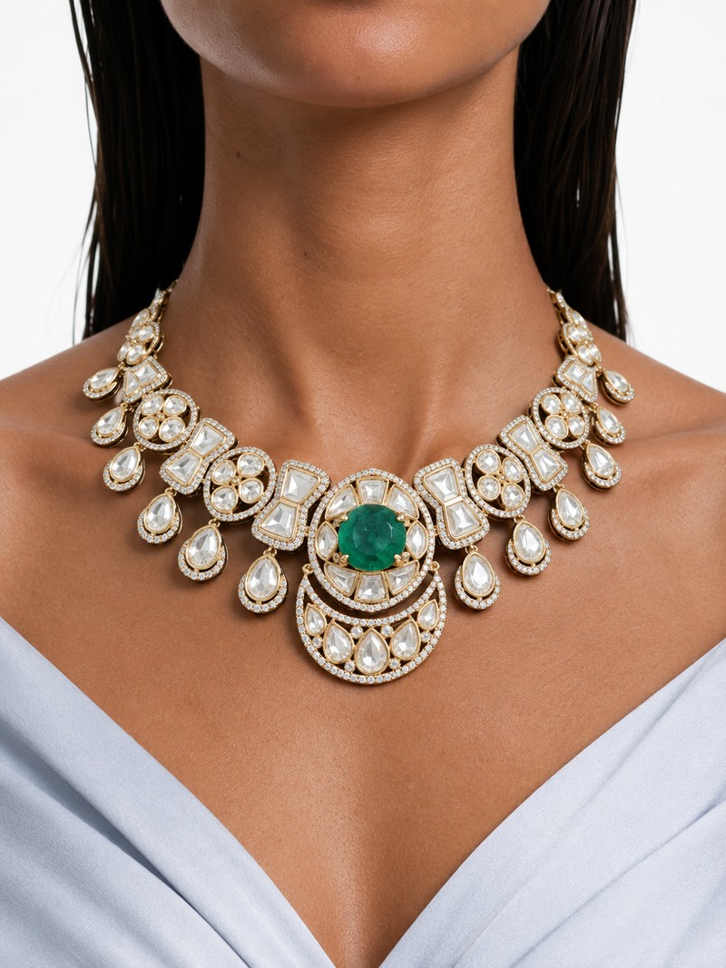 Riizaa Emerald with Zircon Diamond Detailing Necklace Set – Necklace, Earrings & Maang Tikka