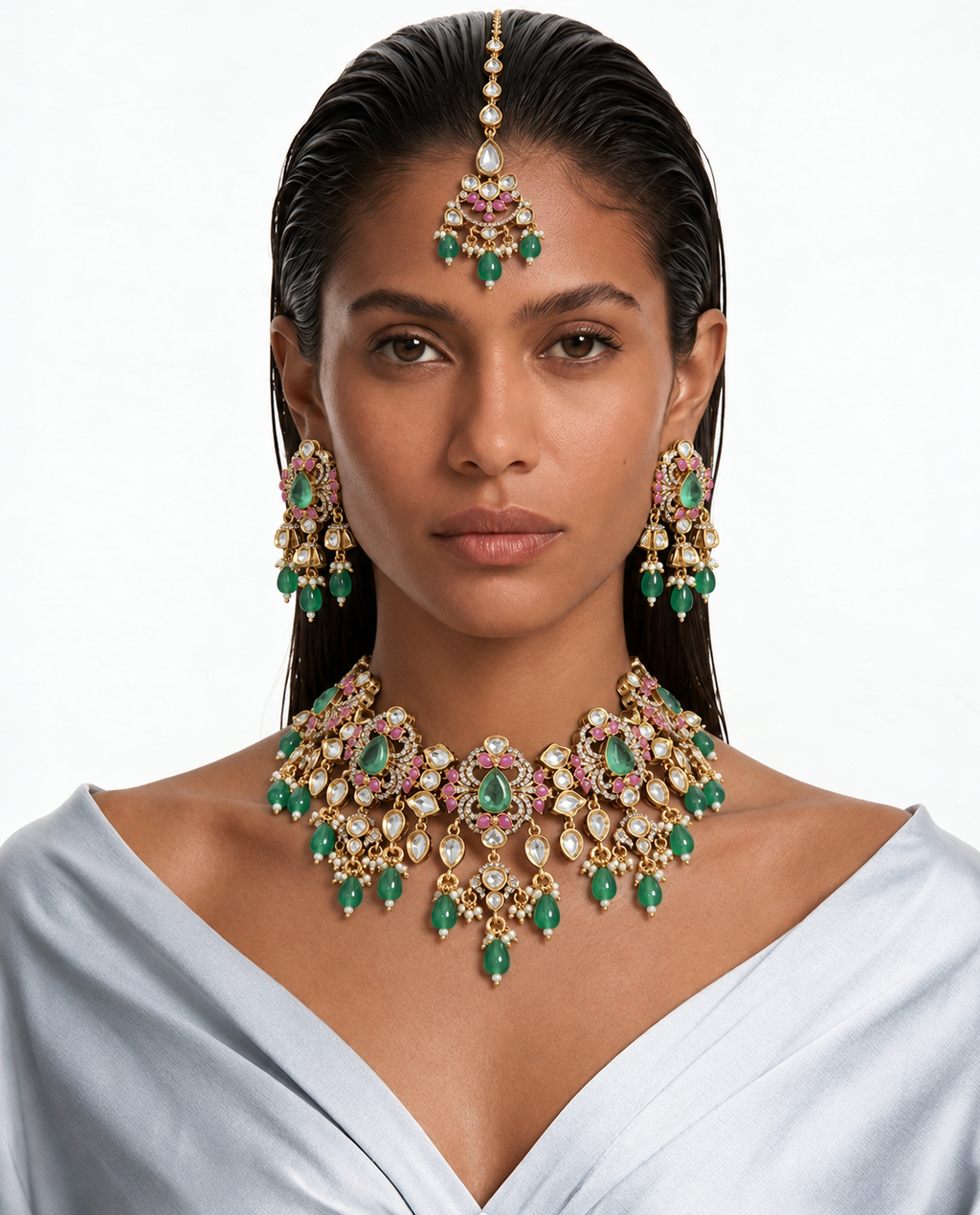 Roshni 薄荷花卉莫桑石 Polki Kundan 项链套装 – 项链、耳环和 Maang Tikka