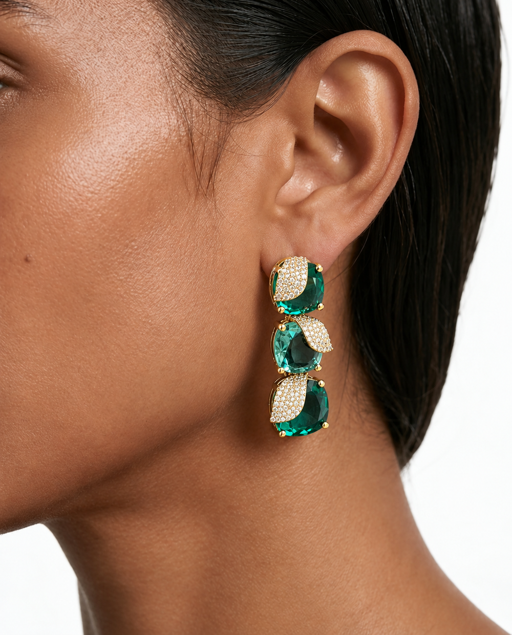 Ensemble collier feuille de zircon de type diamant émeraude et menthe camélia – collier et boucles d'oreilles