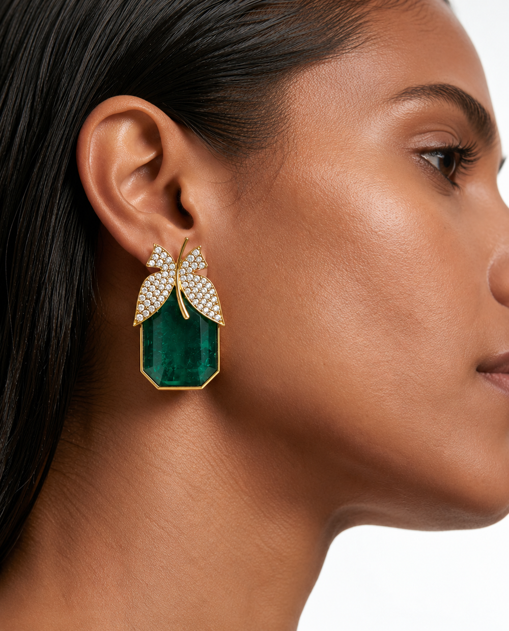 Nabi Emerald Butterfly Rectangular Drop Stud Earrings