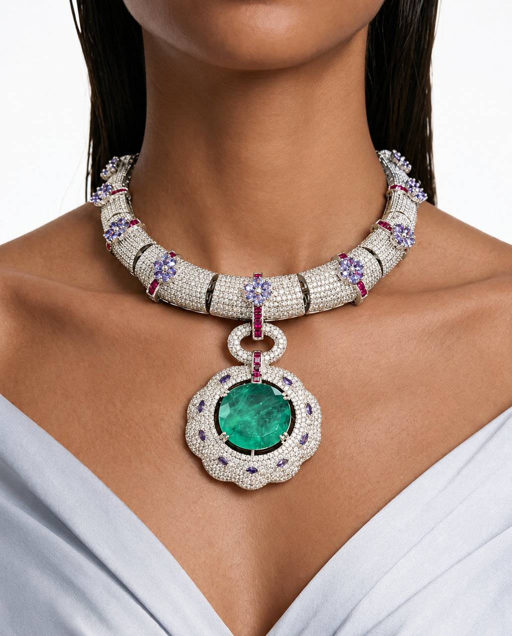 Marlie Mint Floral Pendant Diamond-Like Zircon Necklace Set – Necklace & Earrings