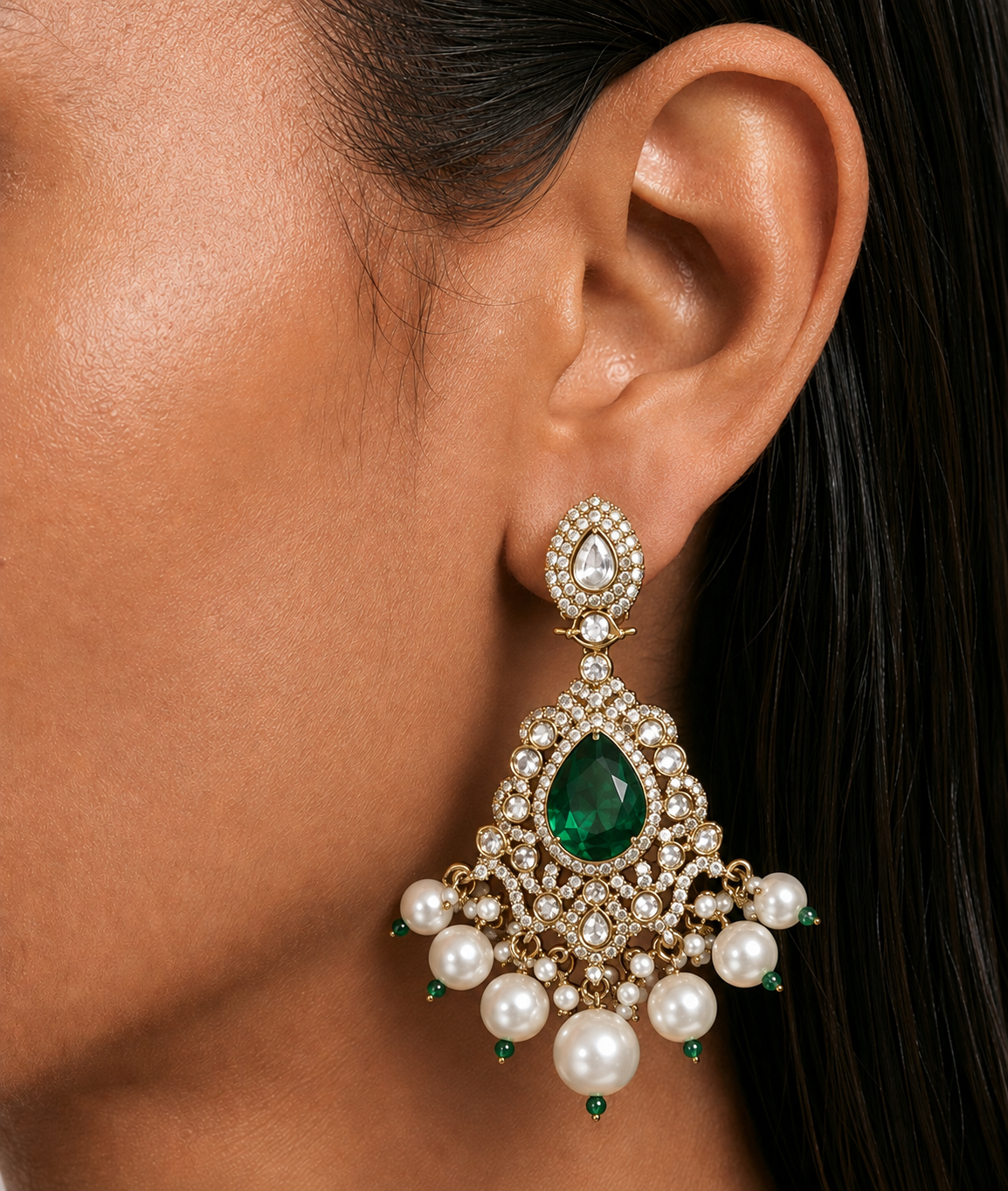 Mahi Emerald Pearls & Moissanite Polki Kundan with Zircon Diamond Detailing Necklace Set – Necklace, Earrings & Maang Tikka