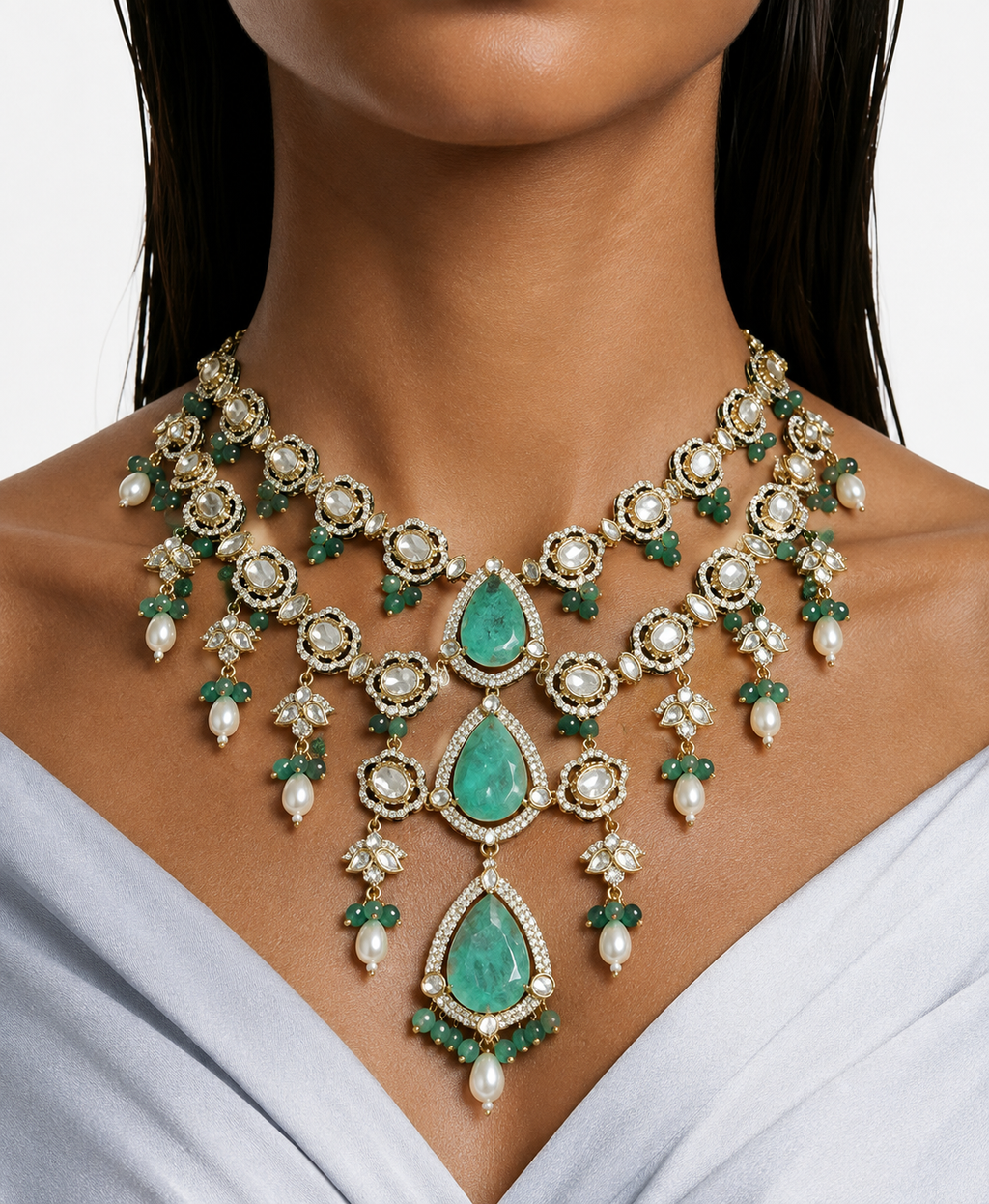 Suhira Mint Moissanite Polki Kundan with Zircon Diamond Detailing 3 Layer Necklace Set – Necklace, Earrings & Maang Tikka