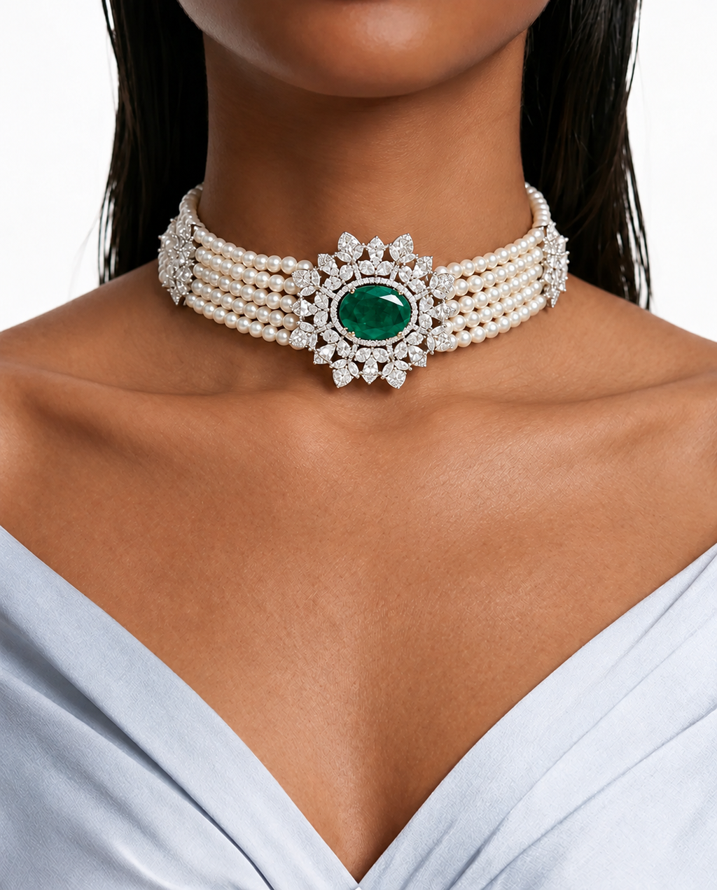 Ensemble collier ras du cou en perles florales et zircon ovales émeraude Marquise – Collier et boucles d'oreilles