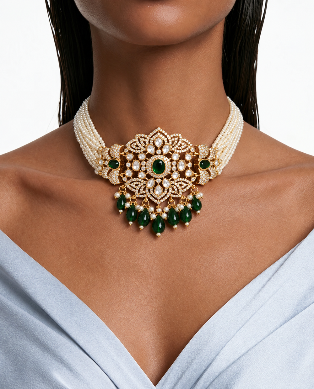 Ensemble collier ras du cou et boucles d'oreilles Zunaira Emerald & Pearl Floral Statement