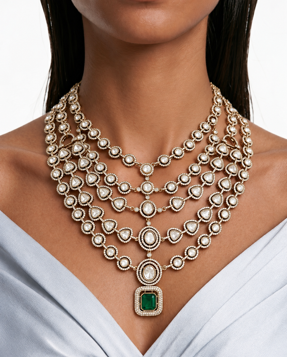Juego de collar en capas con moissanita Polki Kundan de esmeralda maya y detalles de diamantes de circón: collar, aretes y Maang Tikka