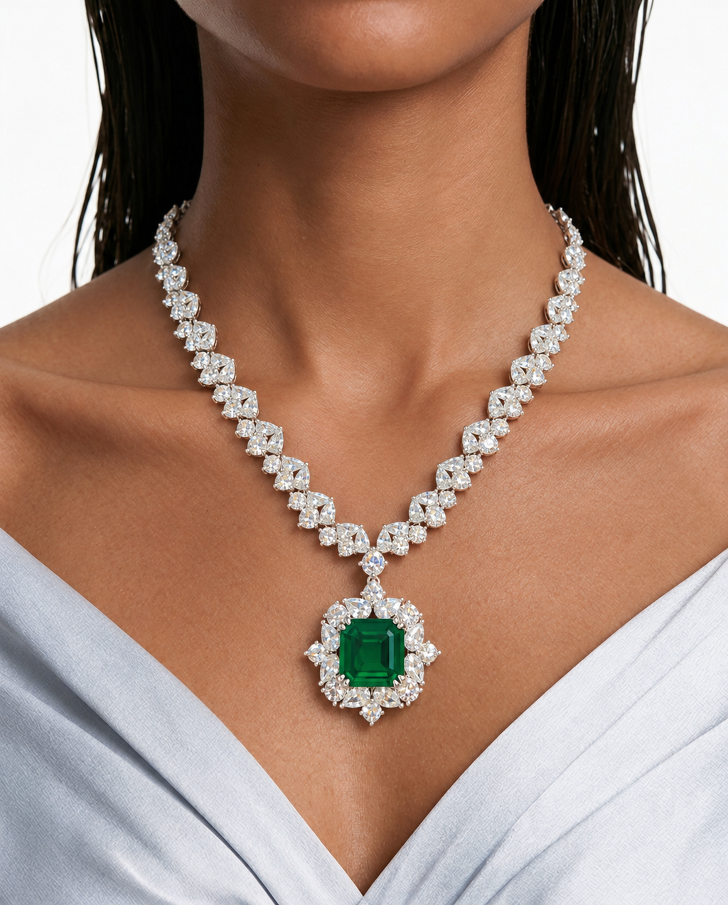 مجموعة قلادة Hattie Like Diamond Zircon Square Emerald - عقد وأقراط