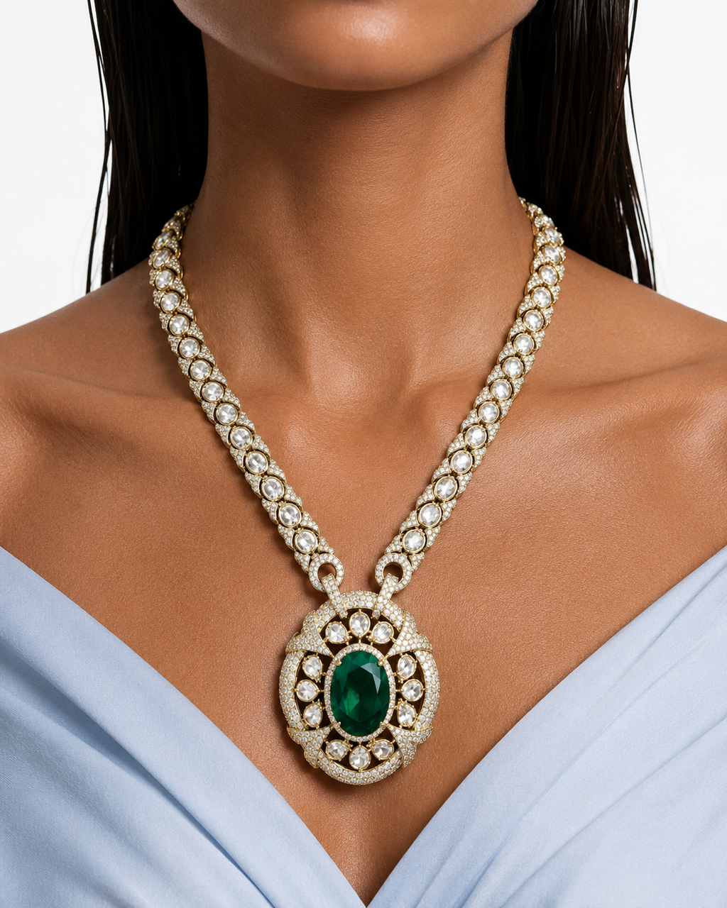 Veyra Emerald & Polki Oval Pendant Kundan Diamond Detailing Necklace Set – Necklace & Earrings