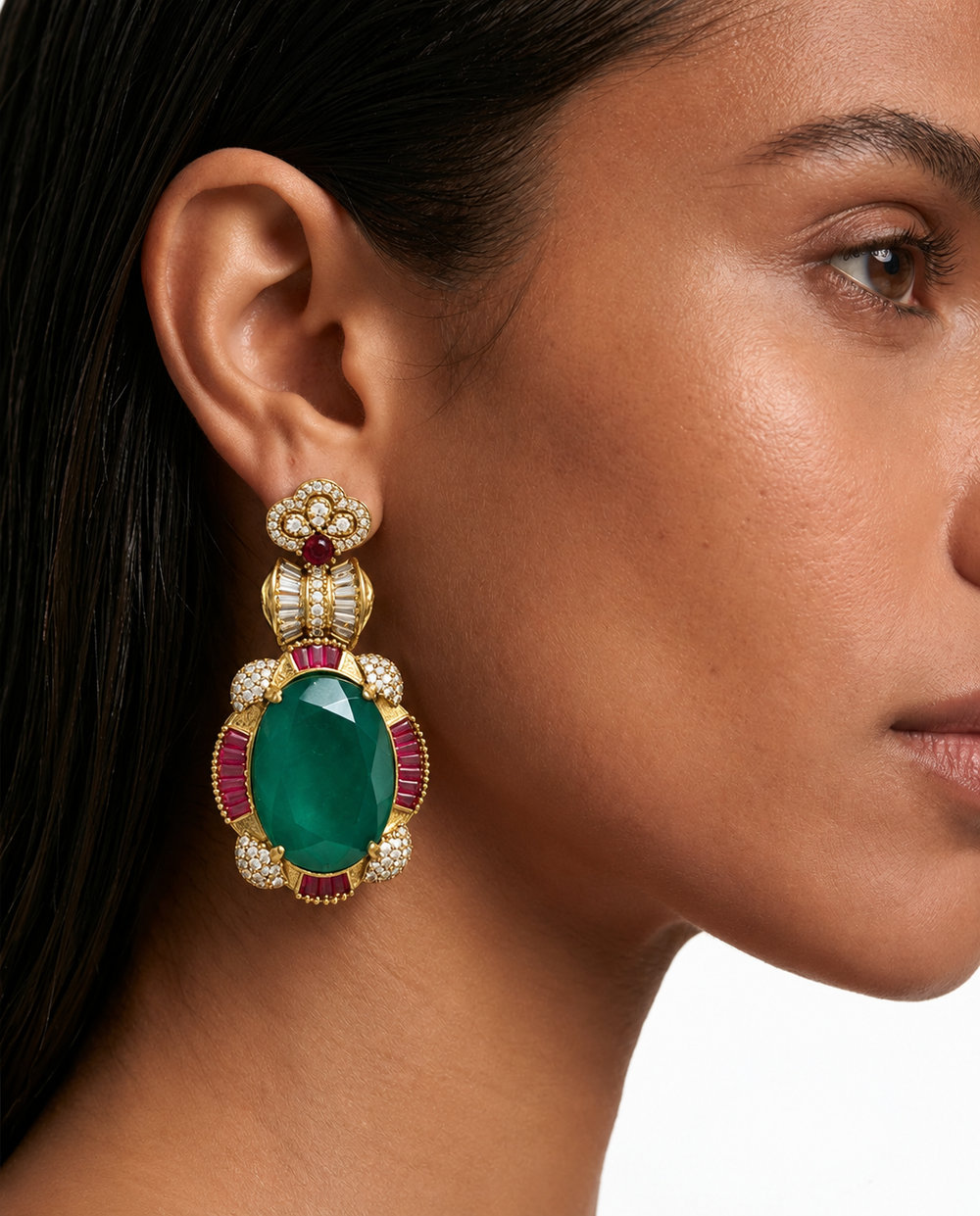 Haniya Emerald & Ruby Double Layer Oval Pendant Moissanite Polki Kundan Necklace Set – Necklace & Earrings