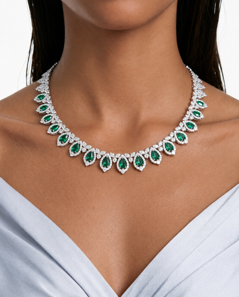 Milly Emerald Teardrop Diamond-Like Zircon Necklace Set – Necklace & Earrings