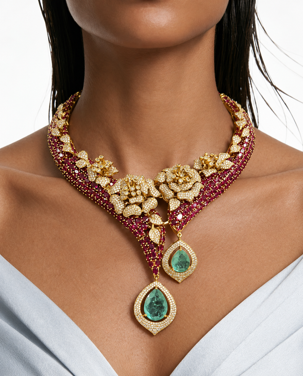 مجموعة قلادات Lilibet Ruby & Mint Floral Teardrop Polki Kundan - قلادة وأقراط