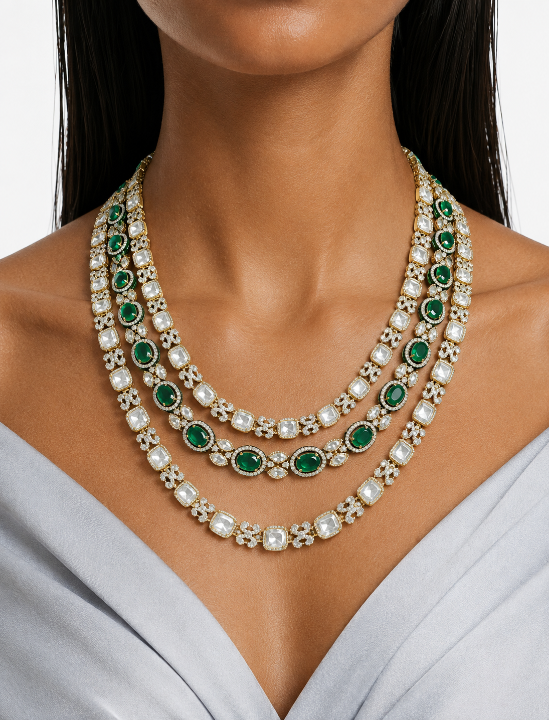 Riyana Emerald Moissanite Polki Kundan 3 Layered Necklace Set – Necklace & Earrings & Maang Tikka