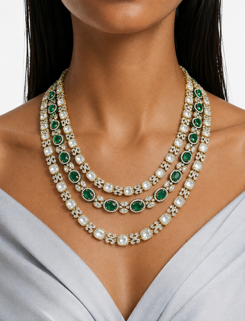 Riyana Emerald Moissanite Polki Kundan 3 Layered Necklace Set – Necklace & Earrings & Maang Tikka