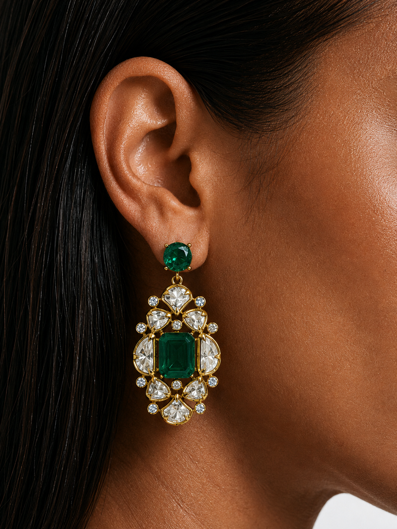 Aira Emerald with Moissanite Polki Kundan & Zircon Diamond Detailing Necklace Set - ( Necklace & Earrings)