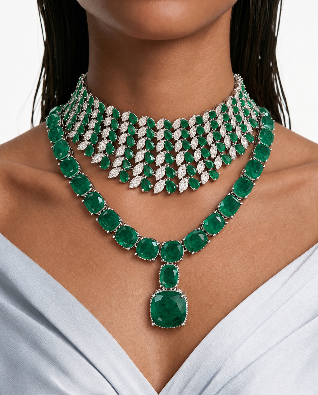 Maharani Boulder Emerald enkele lijn en hart smaragd diamanten kettingset (2 kettingen en 2 oorbellen)